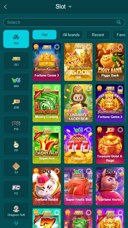 HH98 Game slot section showing Fortune Gems, Piggy Bank, Super Ace and other slots
